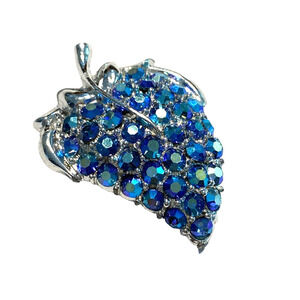 Vintage Mid Century Brooch Silvertone & AB Blue Rhinestones Pin Strawberry Leaf
